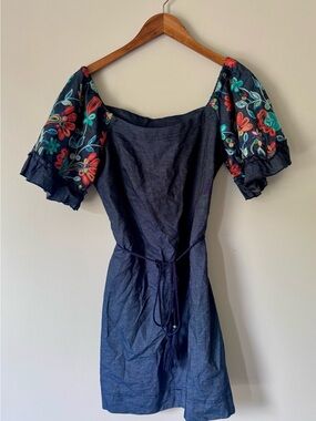 Robbie Bee Navy Mini Dress with Multicolor Floral Embroidered Puff Sleeves
